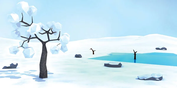 Low poly snow tree on winter landscape. Low poly modeling. 3d illustration.