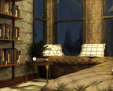 Geceleri karlı manzaranın dış görünüşü olan ahşap bir kulübe. İç dizayn. 3B illüstrasyon.