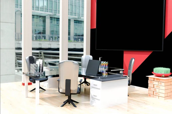 Büroeinrichtung Mit Bildschirm Für Telekonferenz Und Telearbeit Teamwork Und Fernarbeit — Stockfoto