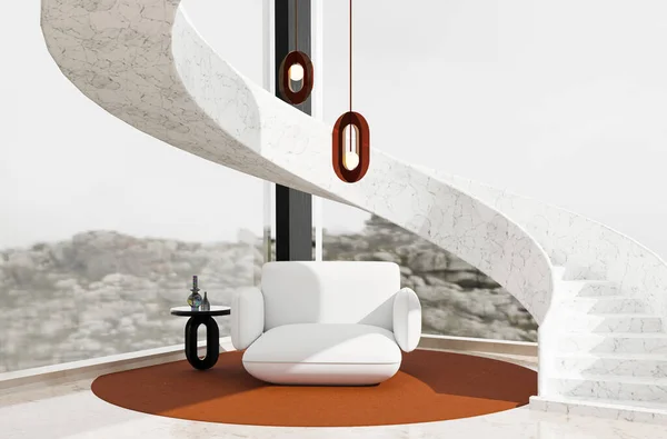 Ortasında bir kanepe, dekoratif elementler ve spiral bir merdiven olan modern lüks beyaz mermer oturma odası. Lüks iç tasarım konsepti. 3d illüstrasyon