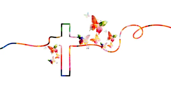 Ilustración Vectorial Cruz Colorida Con Mariposas — Vector de stock