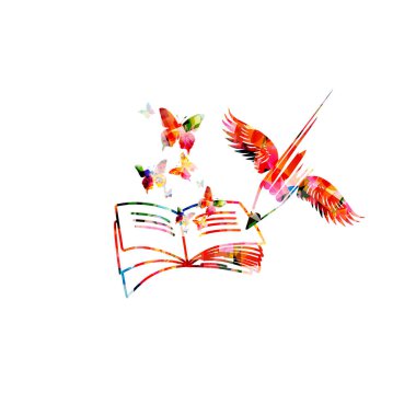 Okuma, bilgi, eğitim konsepti. Renkli, ilham verici, açık bir kitap. Kütüphane, edebiyat, üniversite, okul, dersler, dersler için tasarım. Vektör illüstrasyonu