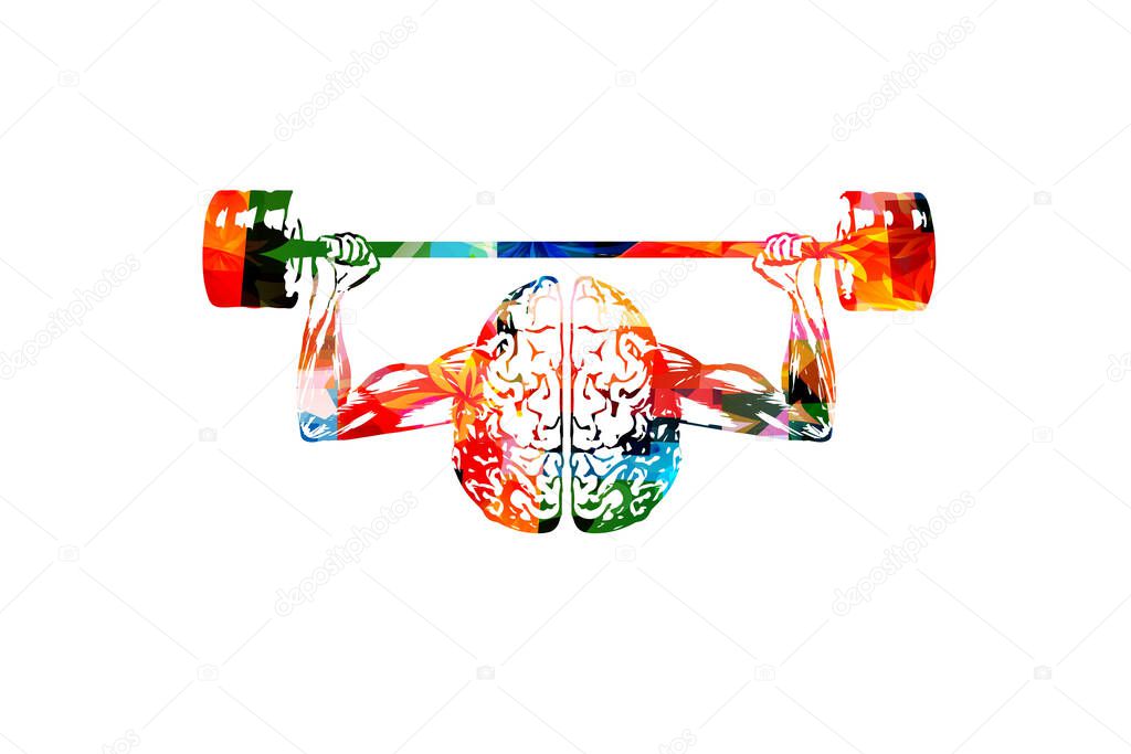 Train your brain with barbell. Brain exercise, memory and cognitive improvement, mental workout, brain power, willpower vector. Colorful design for education, knowledge, creativity and brainstorming