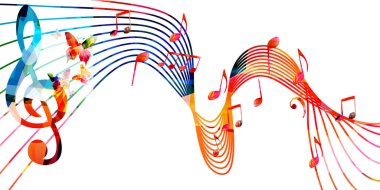 Müzik notaları ve kelebeklerin izole edilmiş vektör illüstrasyonuyla renkli bir reklam afişi. Canlı konserler, müzik festivalleri, gösteriler, parti broşürleri için sol tuşlu sanatsal arka plan.