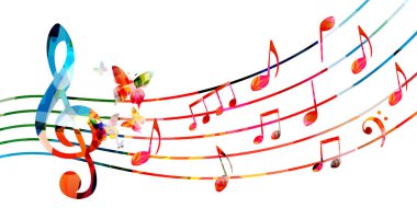 Müzik notaları ve sinekkuşları izole edilmiş vektör illüstrasyonlu renkli bir reklam afişi. Canlı konserler, müzik festivalleri, gösteriler, parti broşürleri için sol tuşlu sanatsal arka plan.