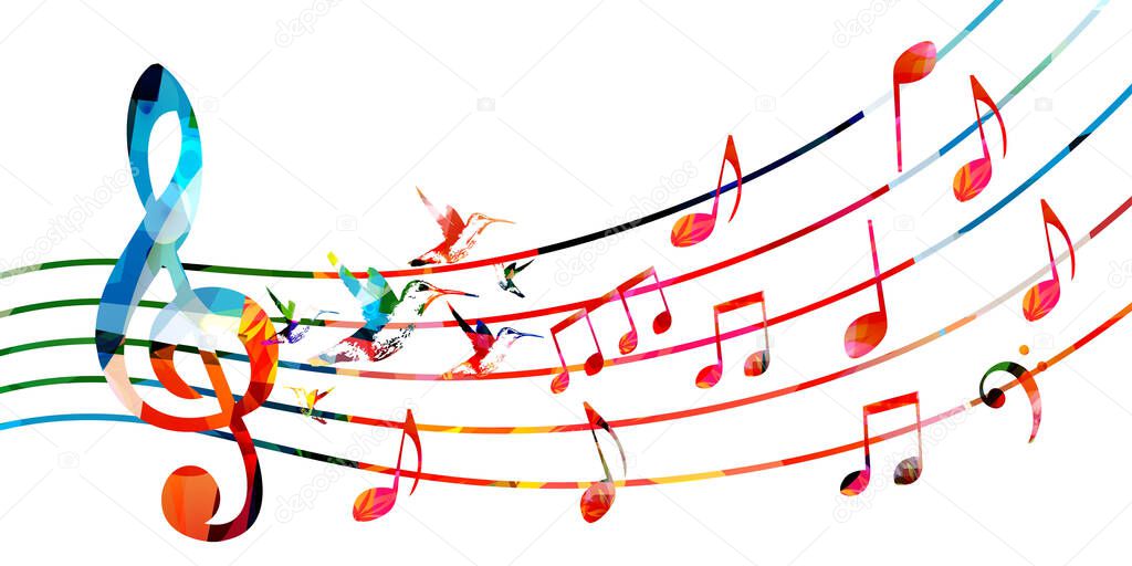 Colorful musical promotional poster with musical notes and hummingbirds isolated vector illustration. Artistic background with G-clef for live concert events, music festivals, shows, party flyer