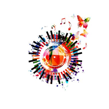 Renkli müzikal promosyon posteri, vinil plak diski ve izole edilmiş müzik notaları. Konserler, müzik festivalleri, gösteriler, etkinlikler, parti broşürleri için sanatsal arkaplan 