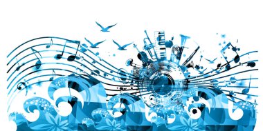 Beyaz arkaplanda müzik notaları ve enstrümanları olan soyut müzik afişi