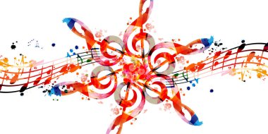 Beyaz arkaplanda müzik notaları ve enstrümanları olan soyut müzik afişi
