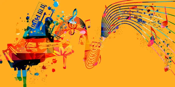 Абстрактный Музыкальный Постер Нотами Инструментами Желтом Фоне — стоковый вектор