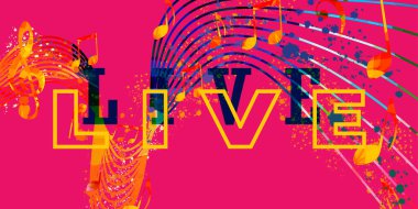 Müzik enstrümanlı müzikal poster tasarımı, canlı konser etkinlikleri, caz müzik festivalleri ve gösterileri, parti broşürleri. Müzikal tanıtım kapağı, renkli vektör çizimi, müzikal broşür, kart.