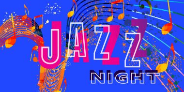 Müzik enstrümanlı müzikal poster tasarımı, canlı konser etkinlikleri, caz müzik festivalleri ve gösterileri, parti broşürleri. Müzikal tanıtım kapağı, renkli vektör çizimi, müzikal broşür, kart.