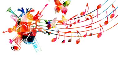 Beyaz arka planda müzik notaları ve kalp izole edilmiş soyut müzik posteri