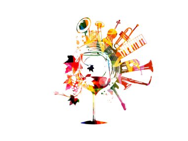 Sarmaşıklı renkli şarap kadehi ve müzik aletleri vektör illüstrasyonlu. Şarap tatma etkinliği, şarap festivali, kutlamalar, restoran posteri. Broşür, davetiye kartı, menü, promosyon için tasarım
