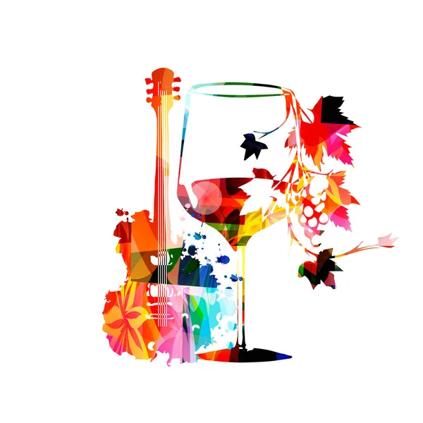 Kleurrijk Wijnglas Met Wijnstok Gitaar Vector Illustratie Wijnproeverij Wijnfeest Feesten — Stockvector