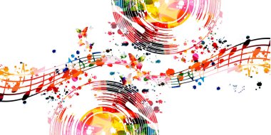 Renkli müzikal promosyon posteri ve izole edilmiş müzik notaları. Konser etkinlikleri, müzik festivalleri ve gösteriler için vinil diskli sanatsal oyuncu tasarımı, parti broşürü