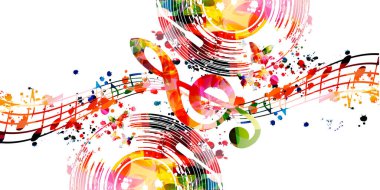 Renkli müzikal promosyon posteri ve izole edilmiş müzik notaları. Konser etkinlikleri, müzik festivalleri ve gösteriler için vinil diskli sanatsal oyuncu tasarımı, parti broşürü