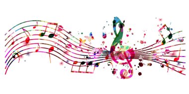 Renkli müzikal promosyon posteri ve izole edilmiş müzik notaları. Konser etkinlikleri, müzik festivalleri ve gösteriler için vinil diskli sanatsal oyuncu tasarımı, parti broşürü