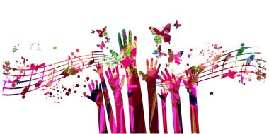 Müzik aletleri ve el izole edilmiş vektör illüstrasyonlu renkli bir poster. Konser etkinlikleri, müzik festivalleri ve gösteriler için vinil kayıt diski olan sanatsal oyuncu tasarımı, parti broşürü