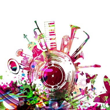 Müzik aletleri ve el izole edilmiş vektör illüstrasyonlu renkli bir poster. Konser etkinlikleri, müzik festivalleri ve gösteriler için vinil kayıt diski olan sanatsal oyuncu tasarımı, parti broşürü