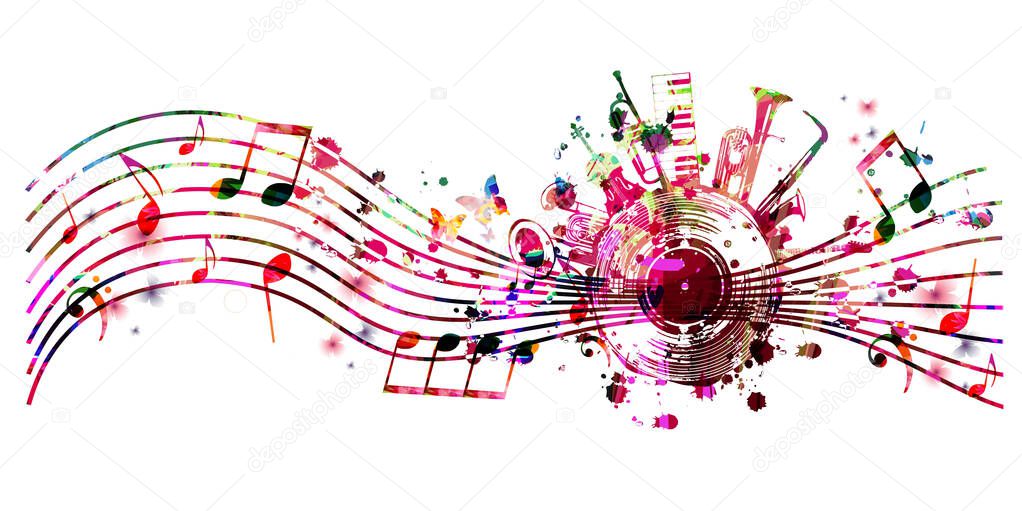 Colorful musical promotional poster with musical notes isolated vector illustration. Artistic playful design with vinyl disc for concert events, music festivals and shows, party flyer