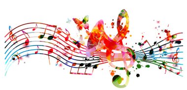 Müzik notaları, personeli, gramofon kornası ve G-clef izole vektör illüstrasyonlu renkli bir poster. Canlı konser etkinlikleri, müzik festivalleri ve gösteriler için oyuncu arka planı, parti broşürü