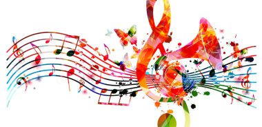 Müzik notaları, personeli, gramofon kornası ve G-clef izole vektör illüstrasyonlu renkli bir poster. Canlı konser etkinlikleri, müzik festivalleri ve gösteriler için oyuncu arka planı, parti broşürü