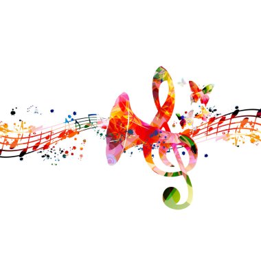 Müzik notaları, personeli, gramofon kornası ve G-clef izole vektör illüstrasyonlu renkli bir poster. Canlı konser etkinlikleri, müzik festivalleri ve gösteriler için oyuncu arka planı, parti broşürü