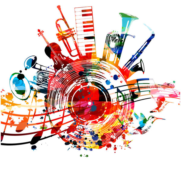 Colorful musical poster with musical notes, staff, gramophone horn and G-clef isolated vector illustration. Playful background for live concert events, music festivals and shows, party flyer