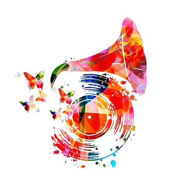 Manifesto Musicale Colorato Con Corno Grammofono Illustrazione Vettoriale Vinile Eventi — Vettoriale Stock