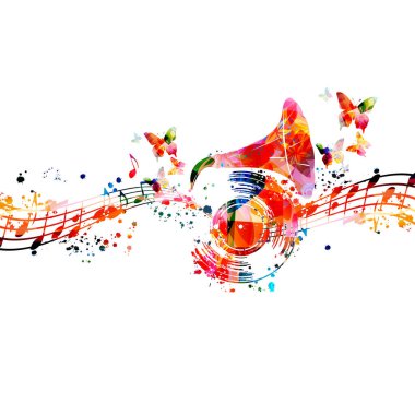 Gramofon kornalı renkli bir müzik posteri ve plak plak vektör illüstrasyonlu. Canlı konser etkinlikleri, müzik festivalleri ve arka plan gösterimi, notaları ve enstrümanları olan parti broşürü