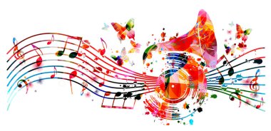 Gramofon kornalı renkli bir müzik posteri ve plak plak vektör illüstrasyonlu. Canlı konser etkinlikleri, müzik festivalleri ve arka plan gösterimi, notaları ve enstrümanları olan parti broşürü