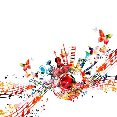 Müzik notaları, personeli, gramofon kornası ve G-clef izole vektör illüstrasyonlu renkli bir poster. Canlı konser etkinlikleri, müzik festivalleri ve gösteriler için oyuncu arka planı, parti broşürü