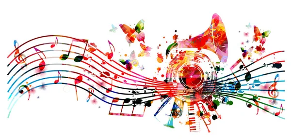 Gramofon kornalı renkli bir müzik posteri ve plak plak vektör illüstrasyonlu. Canlı konser etkinlikleri, müzik festivalleri ve arka plan gösterimi, notaları ve enstrümanları olan parti broşürü