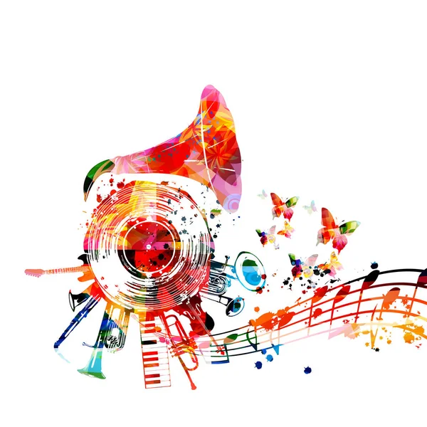 Πολύχρωμο Μουσικό Πόστερ Κέρατο Γραμμοφώνου Και Διανυσματική Εικονογράφηση Δίσκων Βινυλίου — Διανυσματικό Αρχείο
