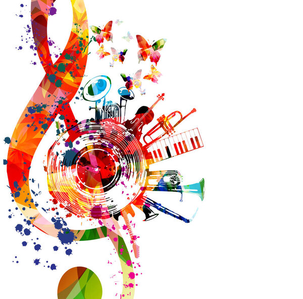 Colorful musical poster with musical notes, staff, gramophone horn and G-clef isolated vector illustration. Playful background for live concert events, music festivals and shows, party flyer