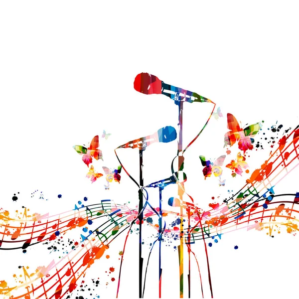 Барвистий Музичний Плакат Мікрофонами Векторні Ілюстрації Живі Концертні Заходи Музичні — стоковий вектор