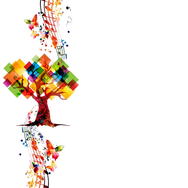 五彩缤纷的抽象树 叶子呈正方形 乐谱和白色背景的蝴蝶状 — 图库矢量图片