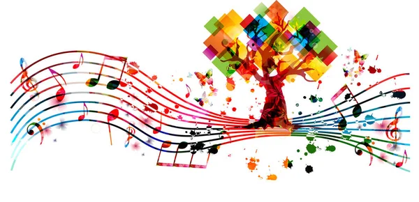 Kleurrijke Abstracte Boom Met Bladeren Vorm Van Vierkanten Notenbalk Muzieknoten — Stockvector