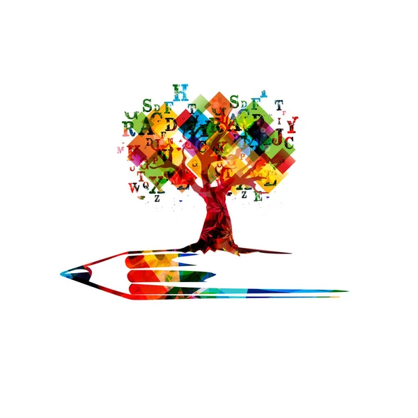 Árbol Abstracto Colorido Con Hojas Forma Cuadrados Lápiz Concepto Escritura — Vector de stock