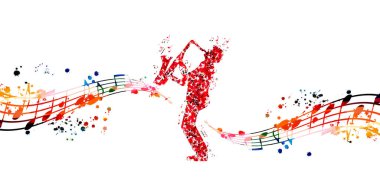 Müzik notalarından yapılmış saksafon çalan adam. Kırmızı notalar saksafoncu vektör illüstrasyon tasarımı konser etkinlikleri, müzik festivalleri ve posterler, parti broşürleri