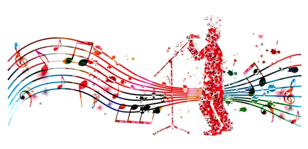 带着留声机的人红色乐谱歌手表演矢量为现场音乐会 音乐节和演出现场展示海报 派对传单设计 — 图库矢量图片