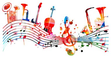 renkli notalar ve enstrümanlar, beyaz arkaplanda soyut dalga