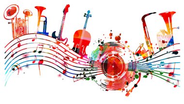 renkli notalar ve enstrümanlar, beyaz arkaplanda soyut dalga