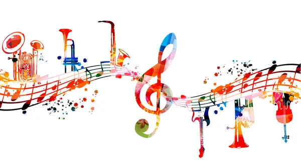 カラフルな音符や楽器白い背景の抽象的な波 — ストックベクタ
