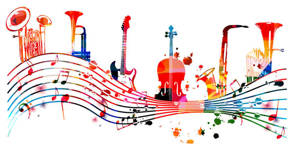 colorful musical notes and instruments, abstract wave on white background