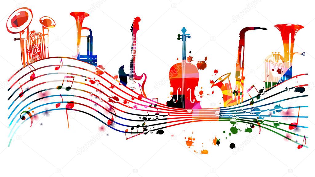colorful musical notes and instruments, abstract wave on white background