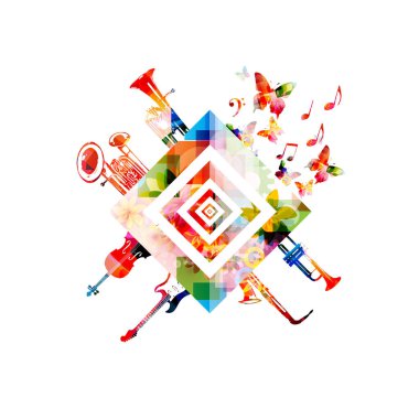 Geometrik şekiller, notalı renkli posterler, konser etkinlikleri için arka plan, müzik festivalleri ve gösteriler, parti broşürleri.