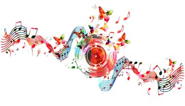 Müzik notaları olan parlak renkli poster, gösteri broşürleri için arkaplan