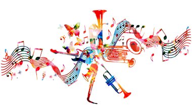 Müzik notaları olan parlak renkli poster, gösteri broşürleri için arkaplan